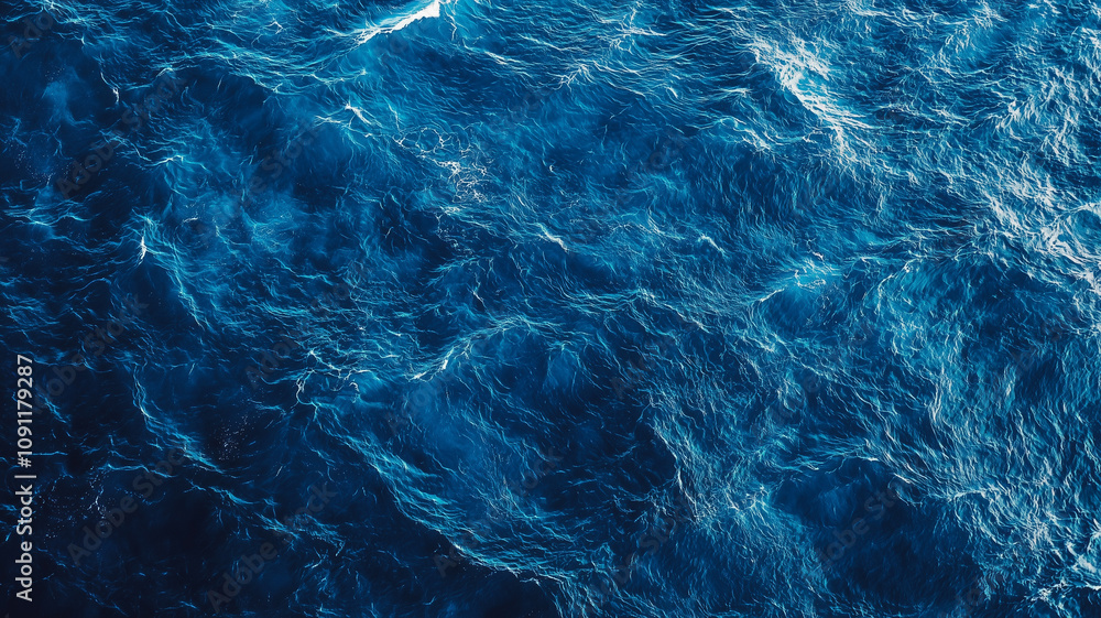 Poster deep ocean blue texture with dynamic waves and ripples, top view