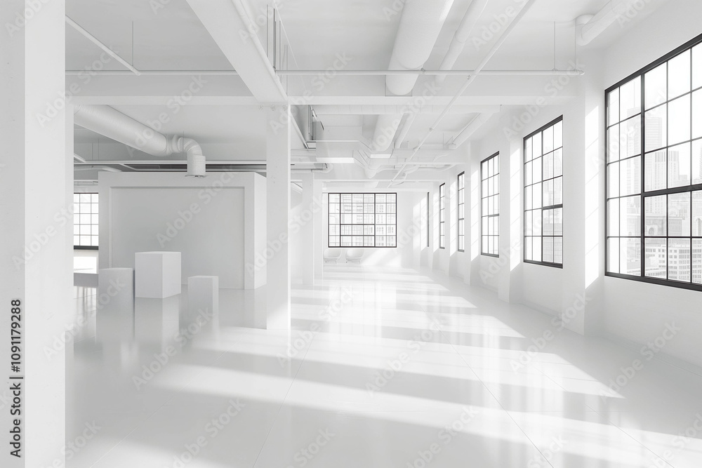 Poster a sleek and modern white and open space office with a spacious and tidy aesthetic. has minimalist fu