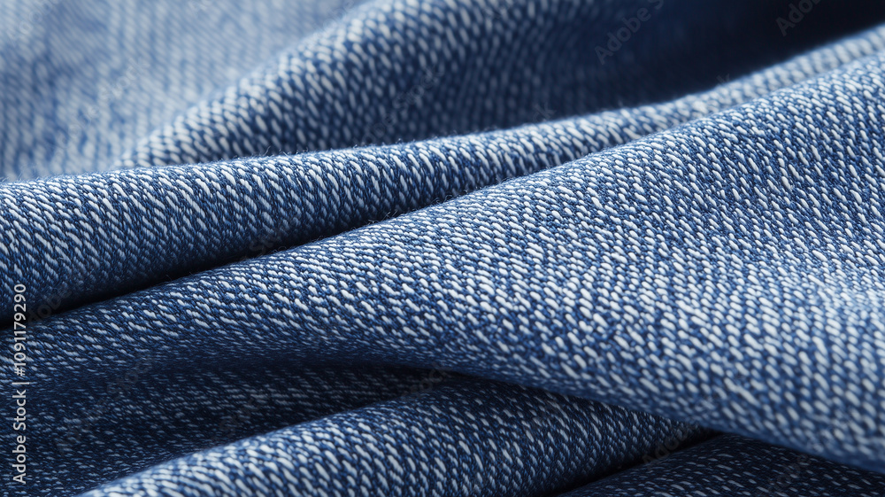Poster close up view of blue denim fabric texture with visible weave pattern, showcasing material durabilit