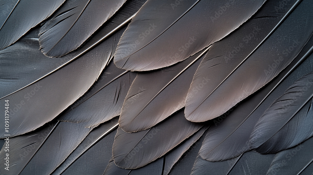 Poster Close up of overlapping black feathers with detailed texture, showcasing natural patterns and soft lines. image captures elegance and intricacy of feather structures