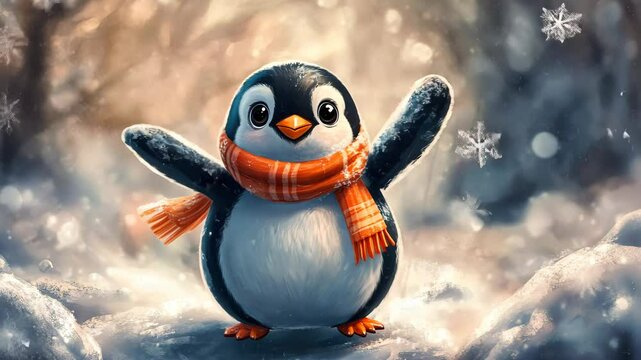 Happy penguin wearing scarf enjoying snowfall