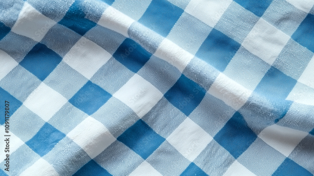 Poster blue and white gingham fabric texture in close up view, showcasing classic checkered pattern with so