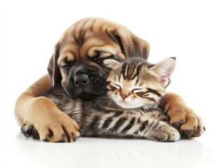 Naklejka premium A little Bordeaux puppy dog plays with a little Bengal kitten.