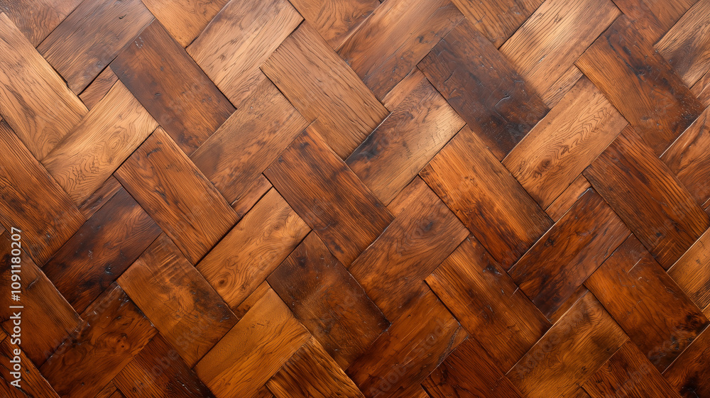 Poster rich brown herringbone wood texture in top view, showcasing intricate patterns and natural grain det