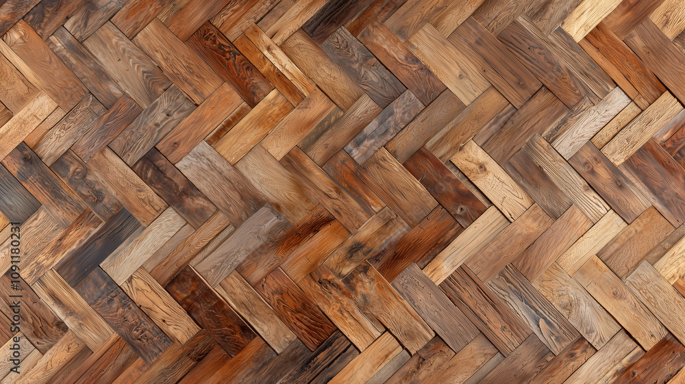 Poster top view of herringbone wood texture showcases intricate pattern and natural tones of wooden planks,