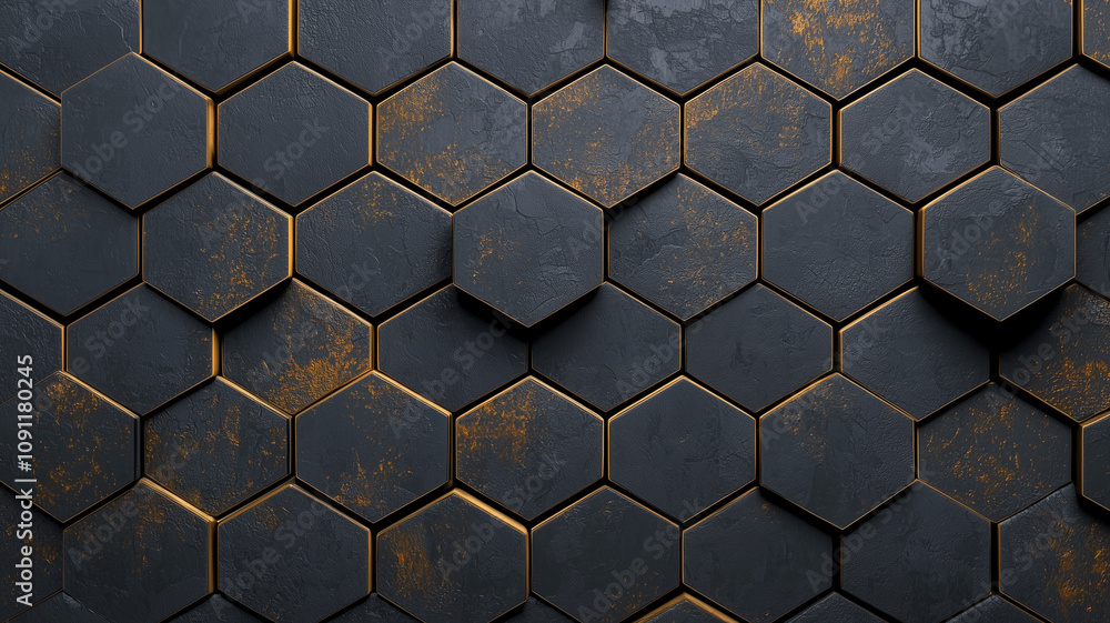 Aufkleber dark hexagon pattern with textured surface and gold accents, creating modern and elegant design. geo