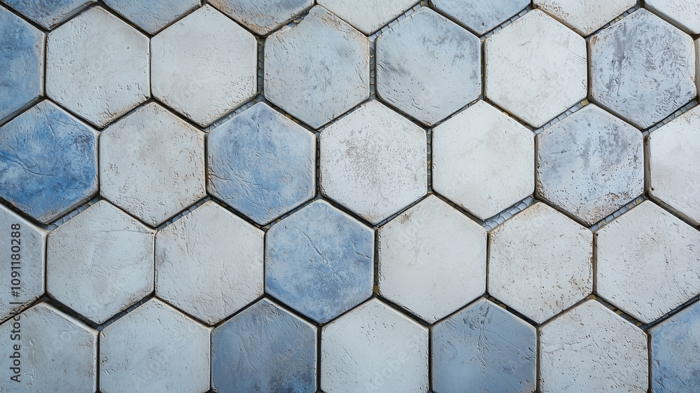 Poster hexagon tile texture in shades of blue and gray, viewed from above, showcasing rustic and geometric 