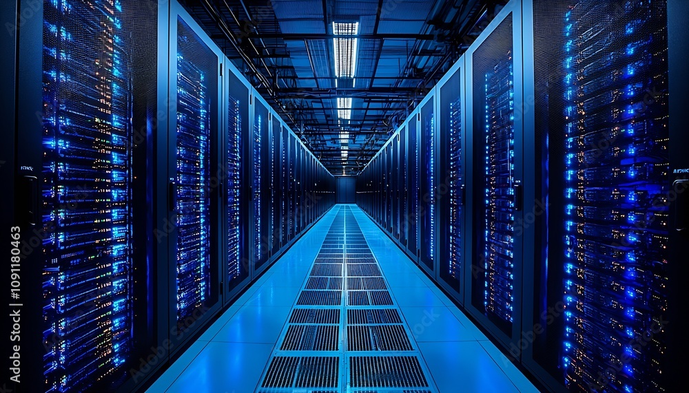 Poster futuristic data center corridor with glowing blue servers and high tech design : generative ai