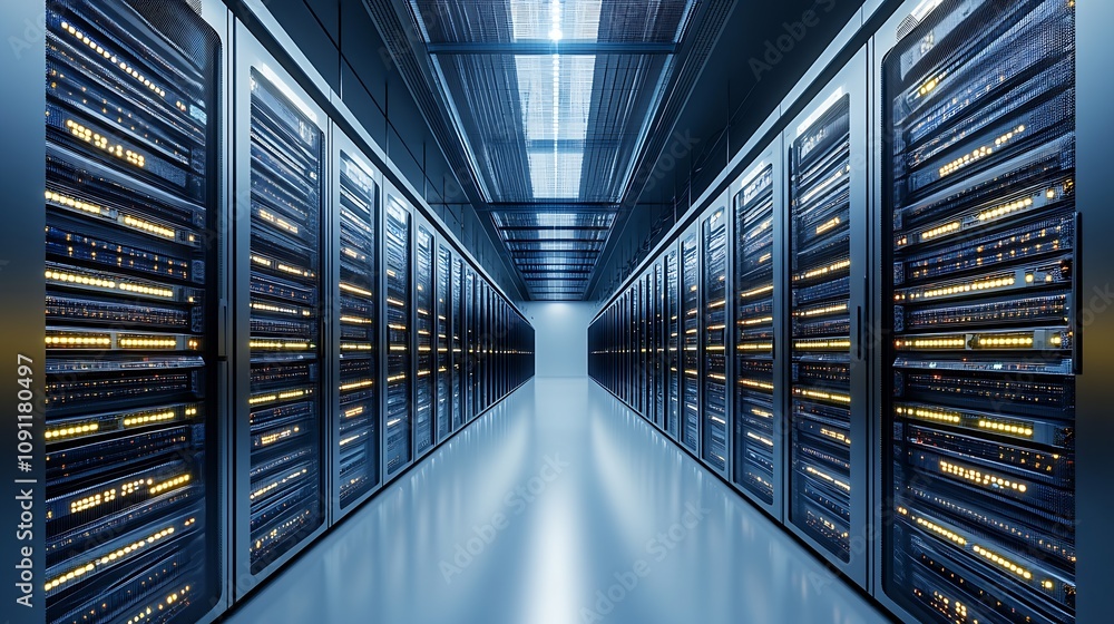 Poster Modern Data Center Server Aisle with Glowing Blue Consistent Lighting : Generative AI