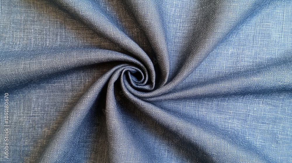 Poster close up view of blue linen fabric with spiral fold pattern, showcasing its texture and weave. fabric intricate design and soft appearance create sense of elegance and sophistication
