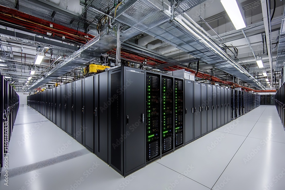 Poster Modern Data Center with High Tech Network Servers and Cable Management Systems : Generative AI