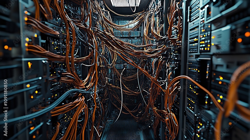 Poster Complex Network of Orange Cables in a Data Center Server Rack : Generative AI