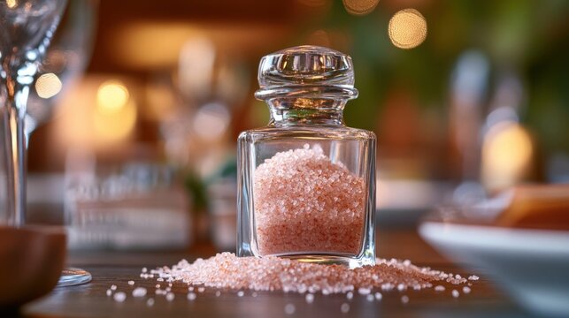 Pink Himalayan Salt in Glass Jar on Elegant Table Setting