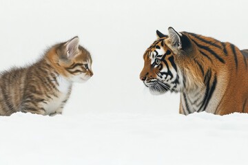 Obraz premium Mirrored kitten looks into a reflection of a tiger in a mirror on white background