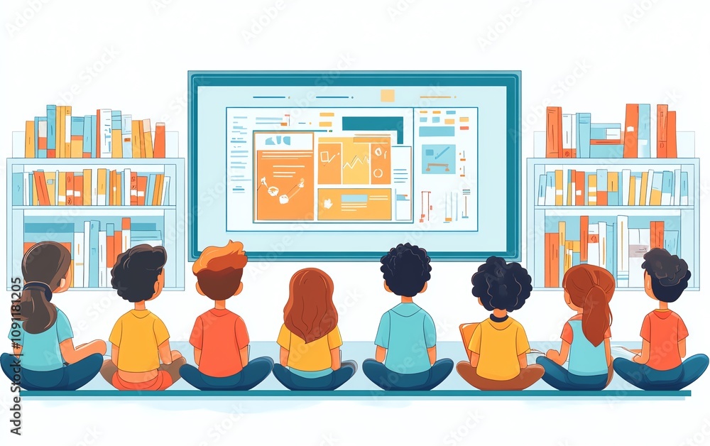 Poster kids learning through online courses in a digital classroom, showcasing the shift towards remote edu