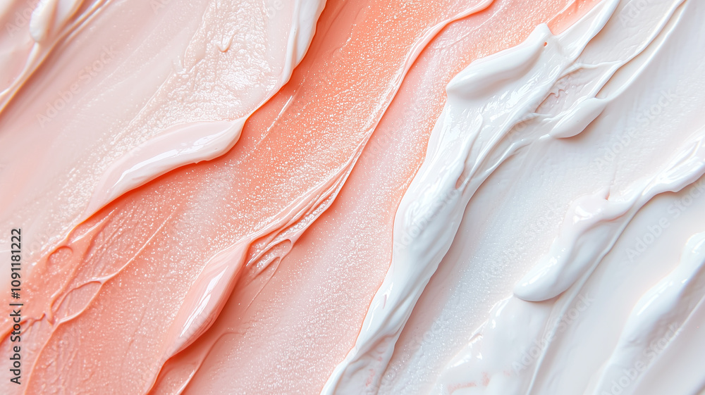 Poster close up view of textured nail polish in soft pink and white hues, showcasing smooth and glossy surf