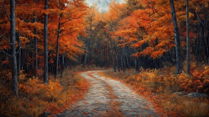 Obraz premium Autumn Forest Path, Colorful Fall Foliage