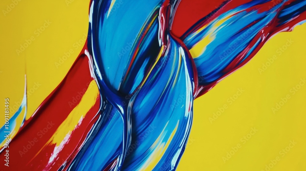 Poster vivid abstract art with bold colors featuring dynamic blue and red brush strokes on a bright yellow 