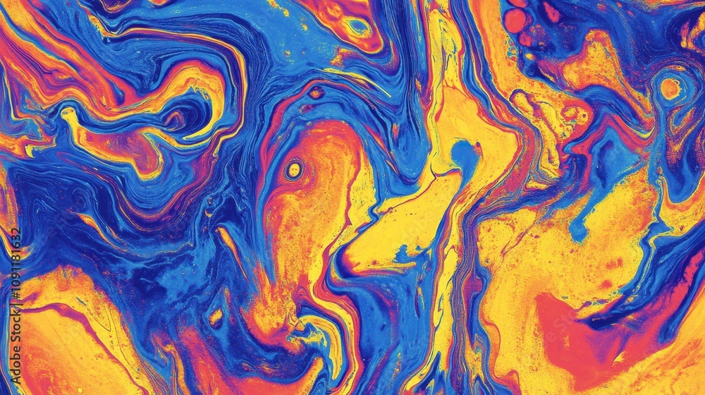 Poster abstract colorful swirl patterns in blue, orange, and yellow fluid art with organic shapes and textu
