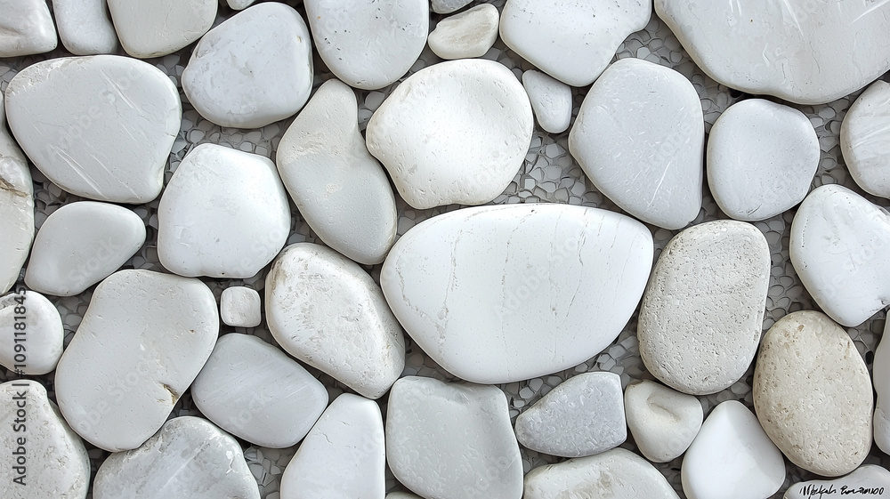 Aufkleber Smooth white pebbles arranged in textured pattern, creating natural and calming surface. stones vary in size and shape, adding visual interest and sense of tranquility