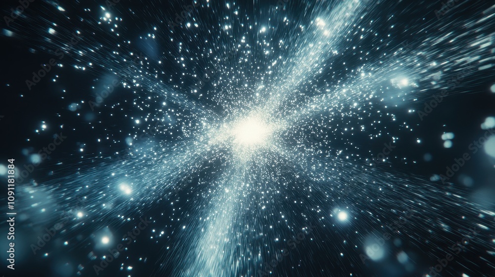 Poster a dynamic representation of cosmic energy and particles in motion, illustrating the universe.