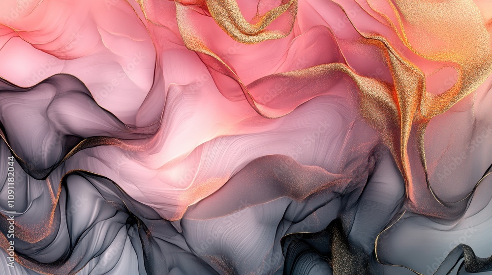 Poster ethereal abstract flow in shades of pink and black with gold highlights capturing fluid dynamics and