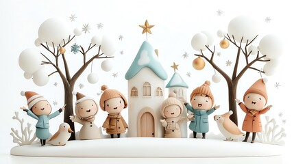 Snow globe featuring snowy town square, people singing carols, white background, watercolor style