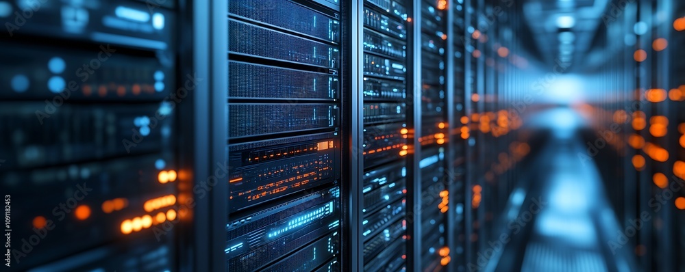 Poster modern data center corridor with illuminated server racks and advanced technology panels : generativ