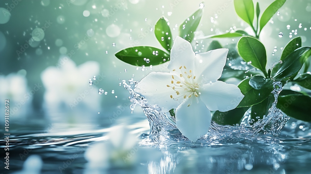 Poster white jasmine flower splashing in crystal clear water with sunlight reflection : generative ai