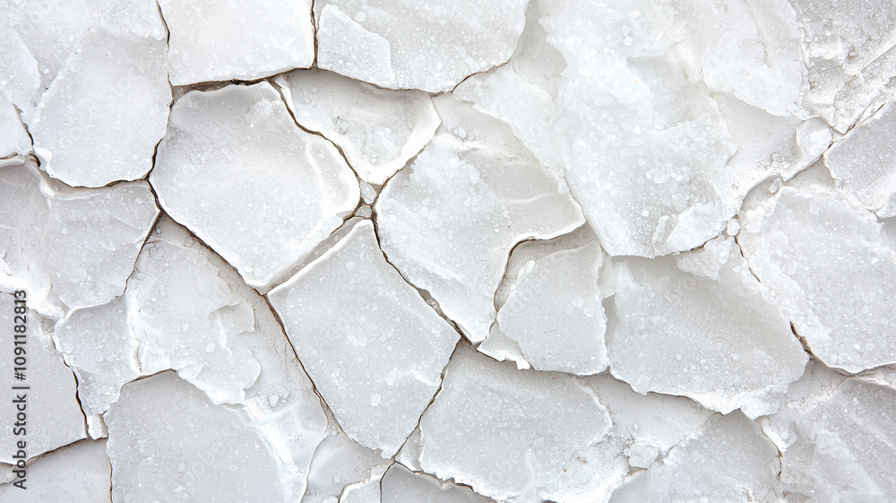 Poster cracked white salt crystals form textured surface, showcasing natural patterns and intricate details