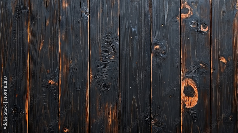 Aufkleber Scorched wood texture with visible grain and knots, top view. dark charred surface contrasts with natural wood patterns, creating rustic and dramatic appearance