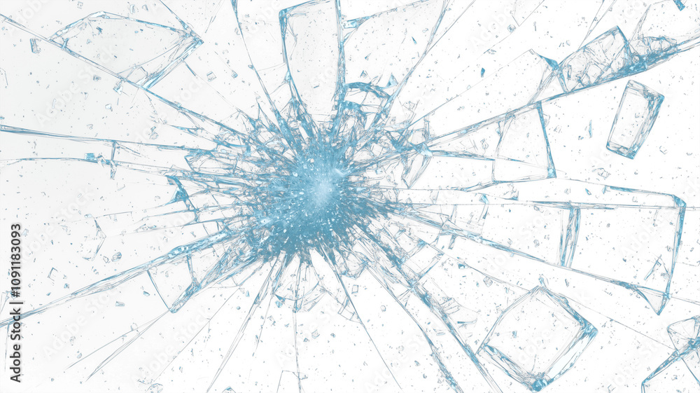 Aufkleber shattered glass texture with sharp, jagged edges radiating from center, creating dramatic and chaoti