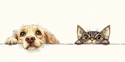 Obraz premium Graphic, artistic, sketch drawing of cats and dogs looking at a table on a white background.