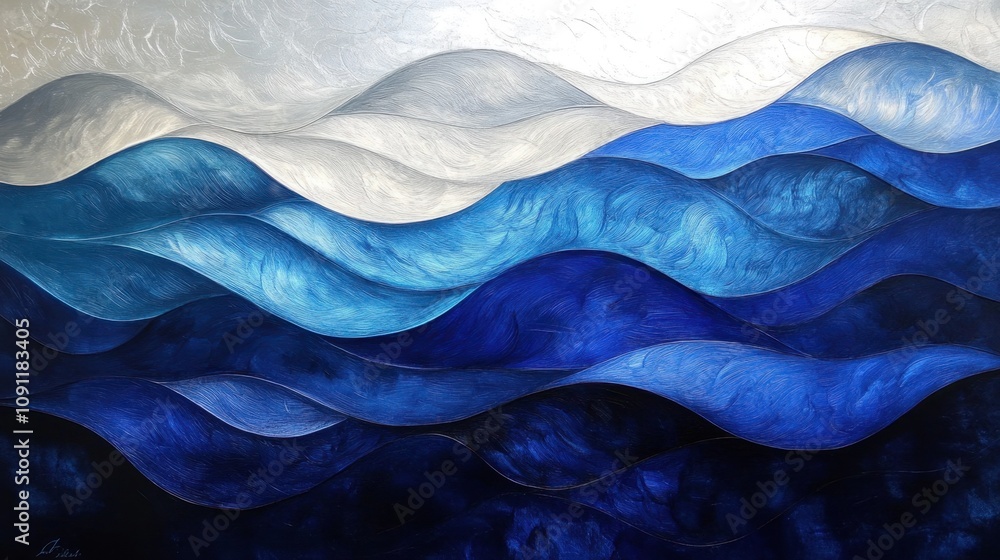 Poster abstract vivid waves of blue tones in varying shades creating a fluid and dynamic atmosphere for art