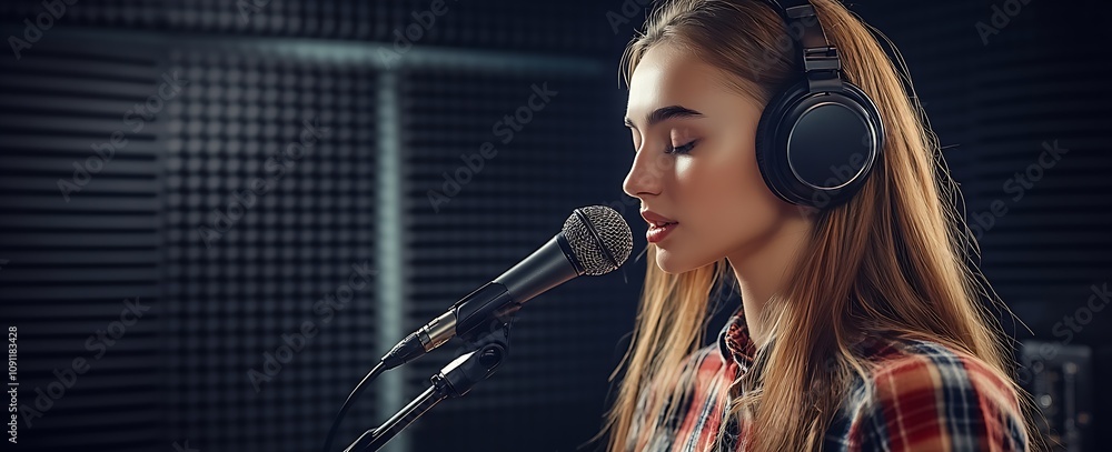 Poster young woman singing into microphone in professional recording studio setting : generative ai