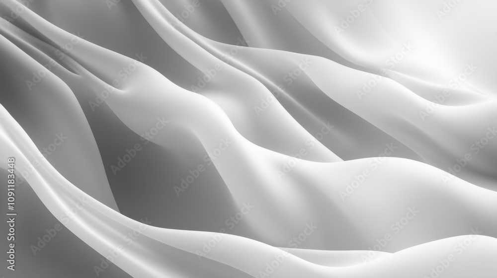 Poster elegant flowing gray and white fabric waves creating a soft, dreamy atmosphere with gentle light and
