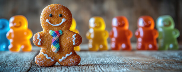 Obraz premium A cheerful gingerbread man stands proudly amidst colorful gummy bears on a rustic wooden surface, perfect for festive celebrations.