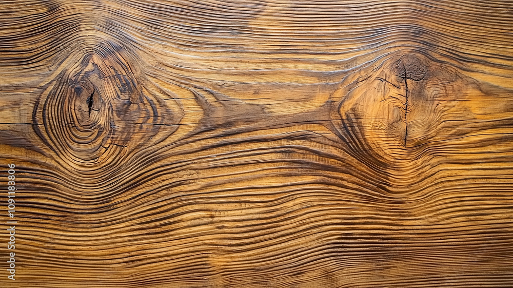Poster close up view of textured wood grain with natural patterns and knots, showcasing rich brown tones an