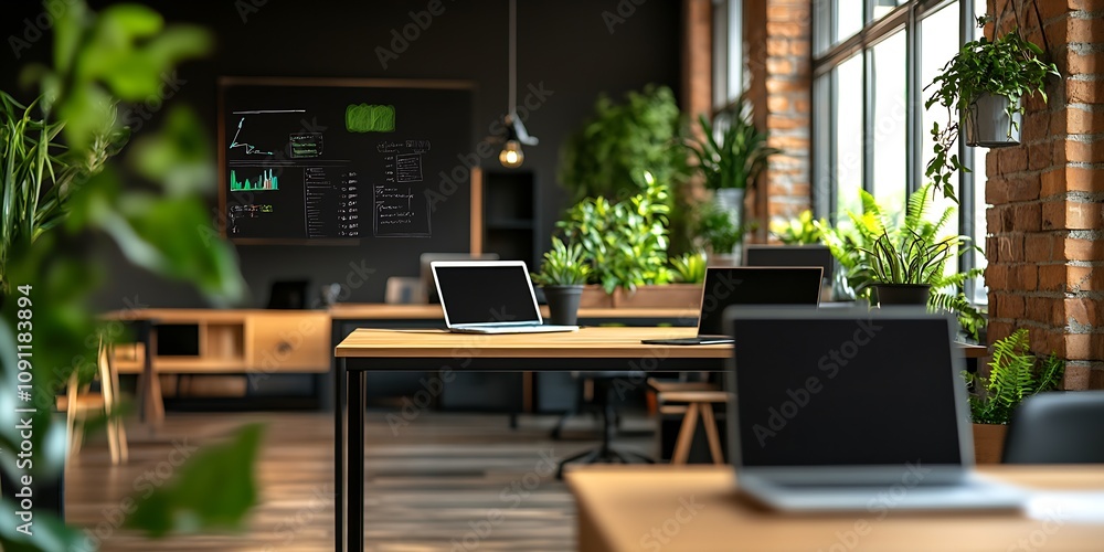 Poster eco-friendly modern office with open workspace design and natural light illumination : generative ai