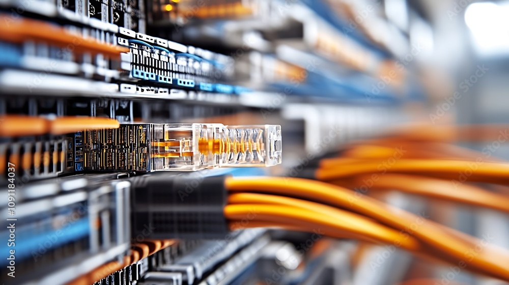 Poster Close Up of Network Cables and Connectors in Data Center Technology Hub : Generative AI