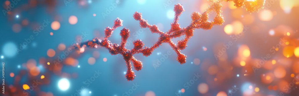 Poster 3d render of an abstract dna structure with red and orange strands floating in the air against a blu