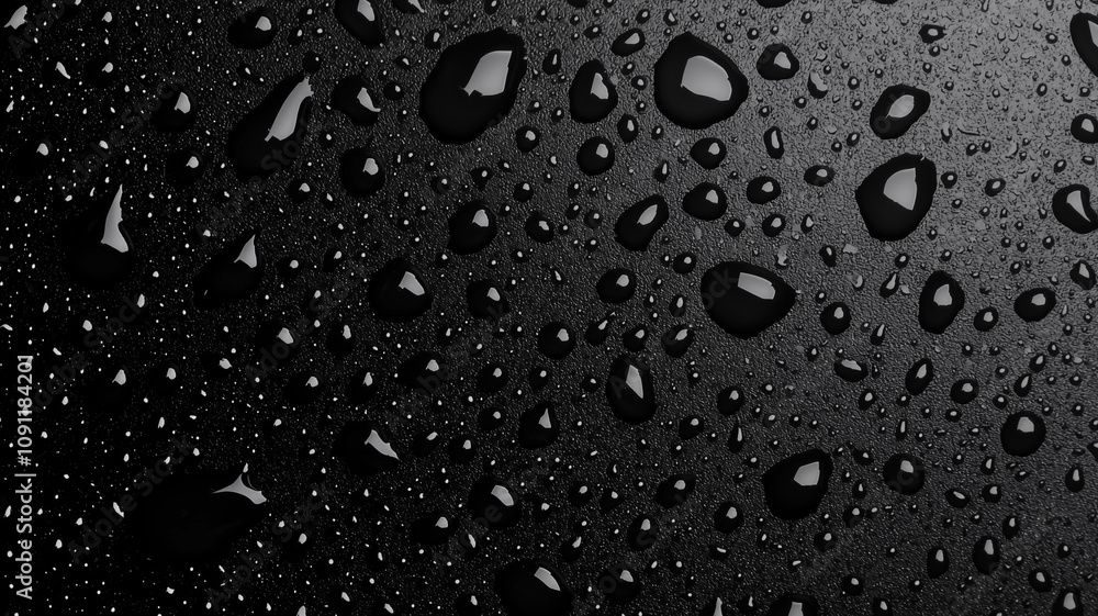 Poster Water droplets on dark surface create textured pattern, showcasing various sizes and shapes. glossy appearance of droplets adds depth and contrast to image