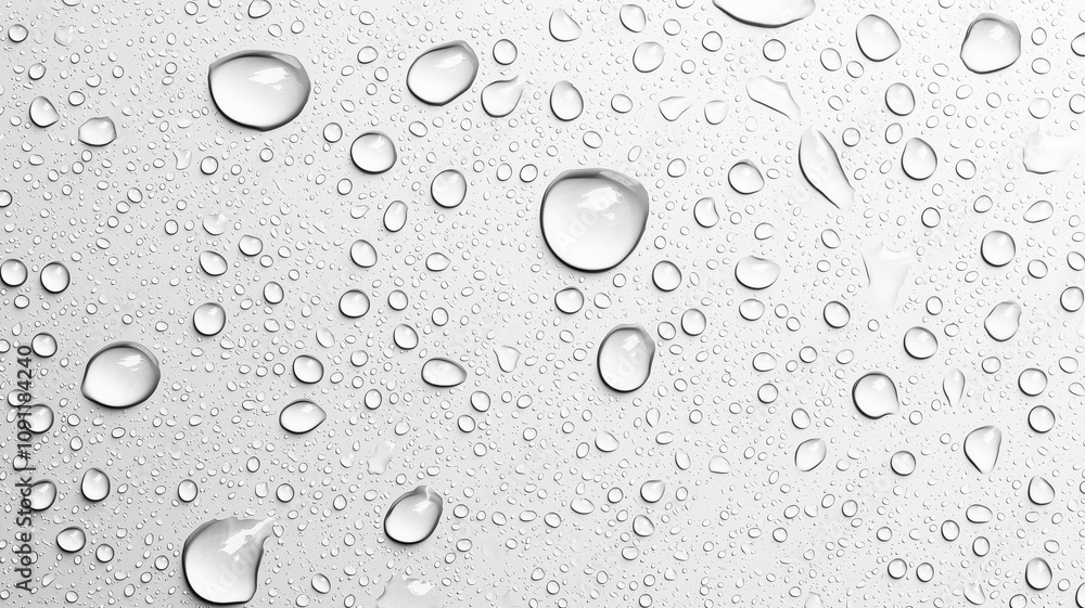 Poster Water droplets scattered on smooth surface create refreshing and clean texture, viewed from top. droplets vary in size, adding depth and interest to image