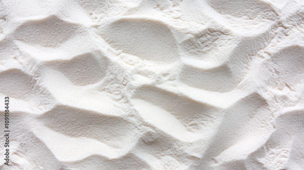 Poster White sand texture with wavy patterns viewed from above, creating serene and natural landscape. soft, undulating surface evokes sense of calm and tranquility