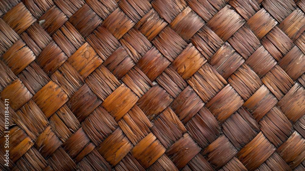 Poster wicker basket weave texture in close up top view, showcasing intricate patterns and natural brown to