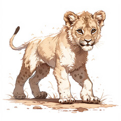 Obraz premium Illustration of a lion cub standing and walking on savannah, lion cub image isolated on a white background, lion cub design art, lion cub clip art image, lion cub Illustration, lion cub cartoon image