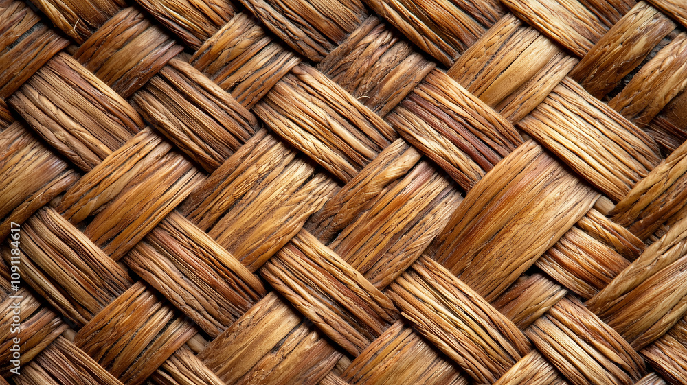 Poster close up view of woven basket texture, showcasing intricate patterns and natural brown tones. detail