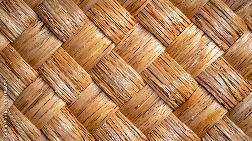 Poster close up view of woven straw texture, showcasing intricate patterns and natural brown hues. detailed