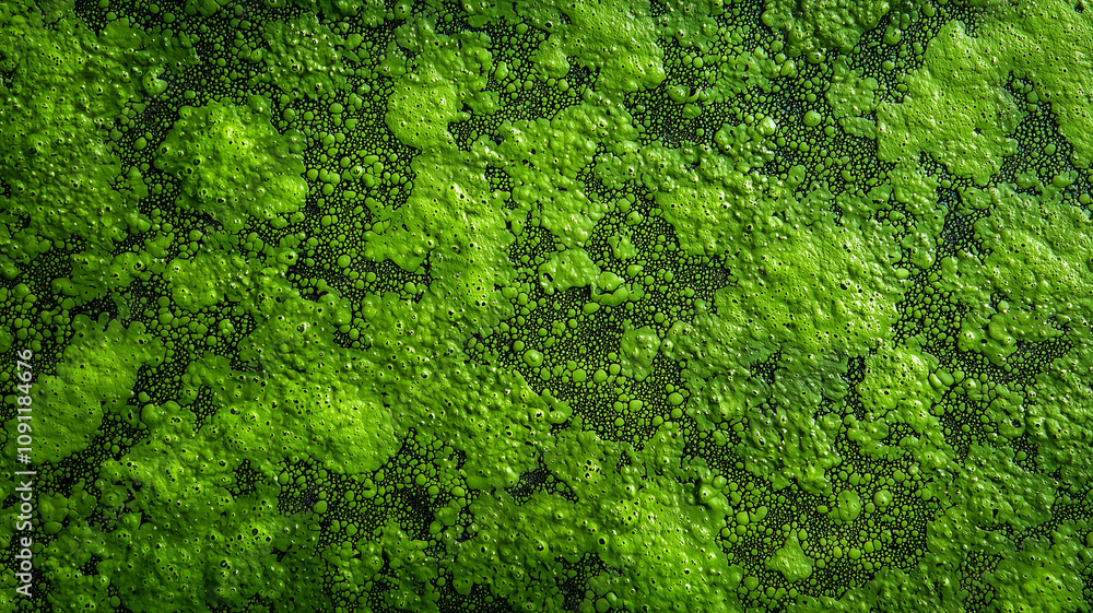 Poster vibrant top view of algae covered pond, showcasing rich green texture with intricate patterns and bubbles. natural surface creates mesmerizing and organic visual effect