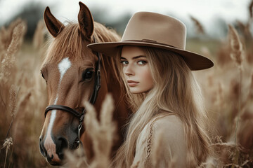 Fototapeta premium Young Caucasian woman with long hair and wide-brimmed hat stands beside a brown horse in a field, creating a serene and rustic scene.